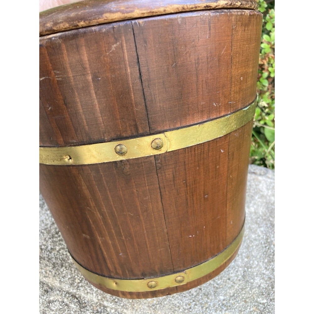 Vintage Farmhouse Wooden Firkin Barrel Ice Bucket w/ Brass Band & Bowl Liner - Picture 6 of 9